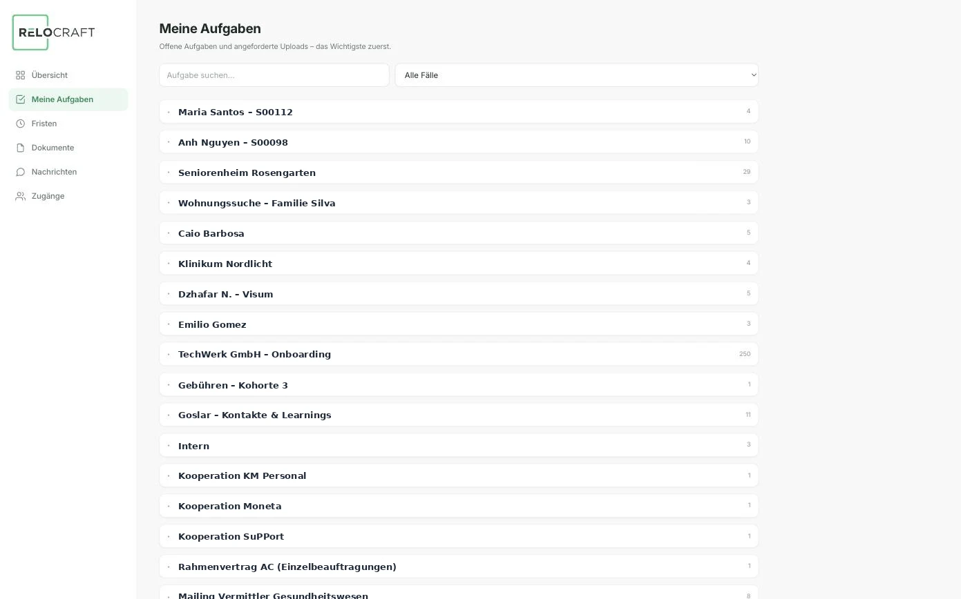 Meine Aufgaben: offene To-dos und angeforderte Uploads je Fall